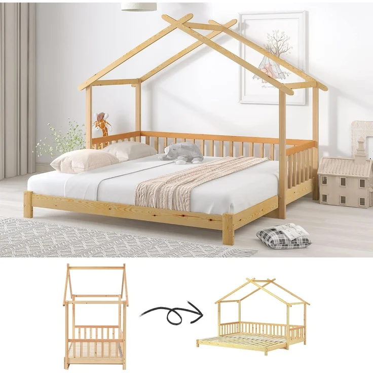 SOFTWEARY Kinderbett Ausziehbett mit Lattenrost und ausziehbarer Liegefläche (90x200 cm/180x200 cm), Hausbett, Kiefer – Bild 1