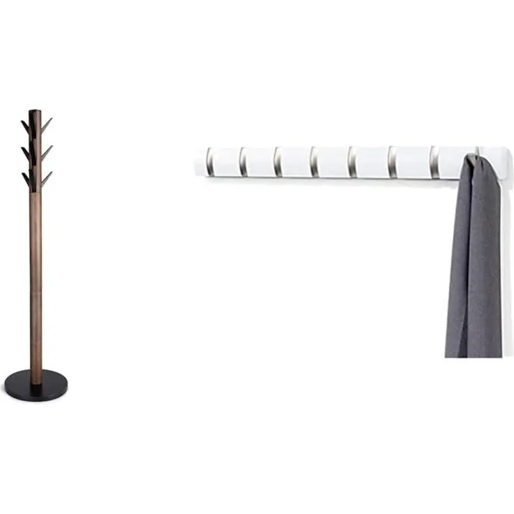 Umbra Flapper Garderobenständer, Schwarz/Walnuss & Flip 8 Garderobenhaken – Moderne, Schlichte und Platzsparende Garderobenleiste mit 8 Beweglichen Haken, Hochglanz Weiß