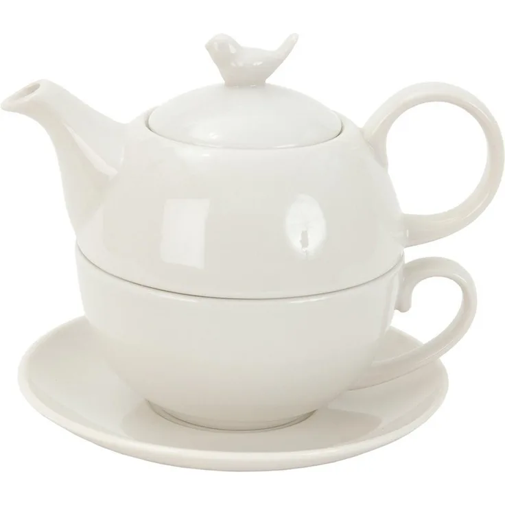 Clayre & Eef Teekanne Clayre & Eef La Petite Rose Teekanne mit Tasse weiß Vogel (0,4 l), 0,4 l