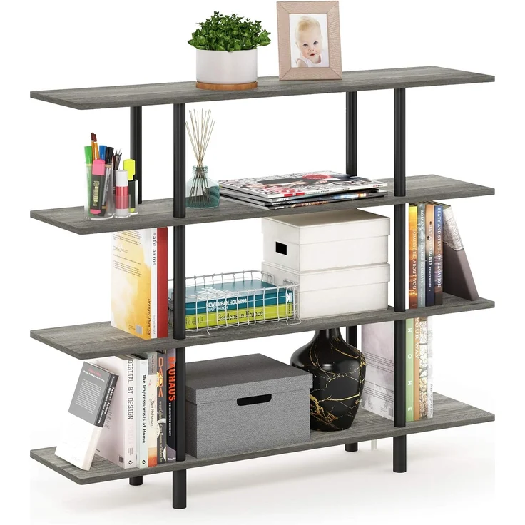 Furinno breites Regal mit 4 Ebenen, Französische Eiche Grau/Schwarz, 29.49 x 119.9 x 100.2 cm