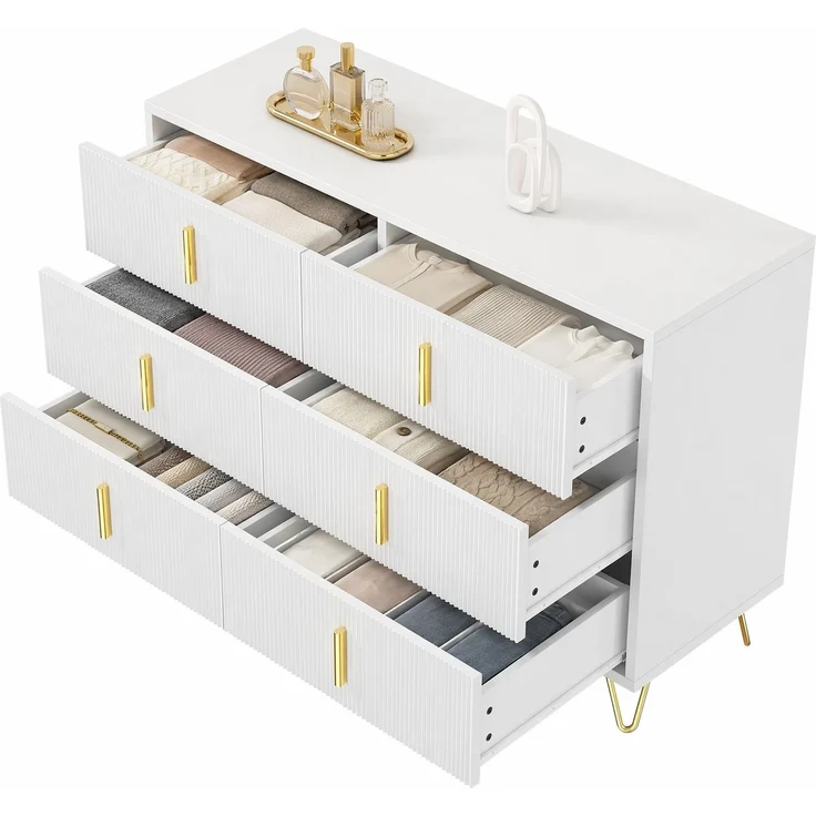 DESVIAE Sideboard mit 6 Schubladen, 120x77x40 cm, aus Spanplatte, Weiß/Gold – Bild 7