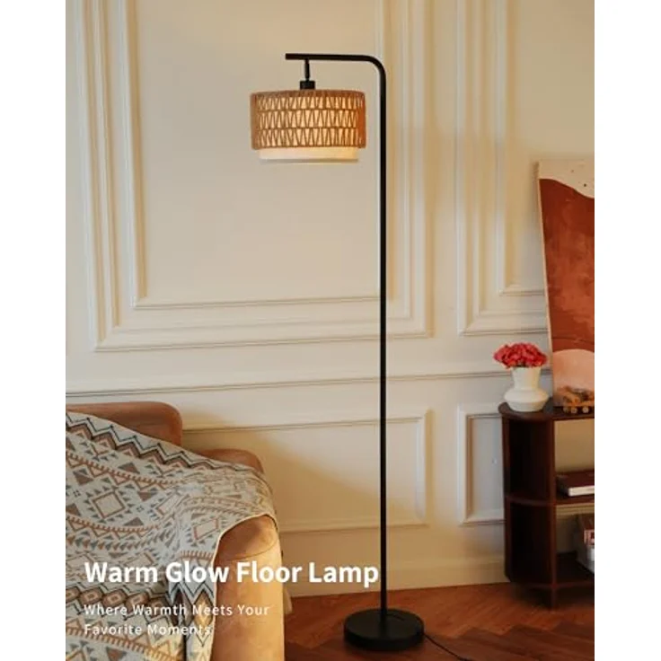 LuminexDesigns Rattan Stehlampe Boho für Wohnzimmer, Vintage Rustic E27 Stehleuchte Schlafzimmer mit Doppel-Lampenschirm, 173 cm Hoch, Schwarz, Schwer Standfuß, Verstellbarer Lampenkopf, Fußschalter – Bild 8