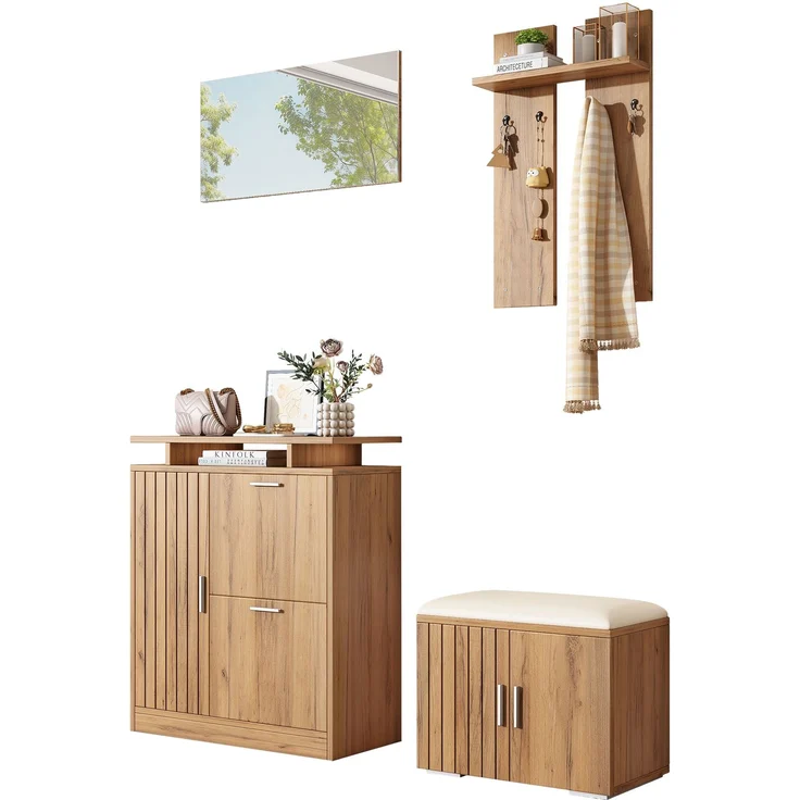 Flur-Garderoben-Set, Wandgarderobe; Garderoben-Set mit Schuhbank und Schuhschrank, 1 Spiegel, 4 Haken, 5 Türen, natural, B140× T35 × H133 cm – Bild 6