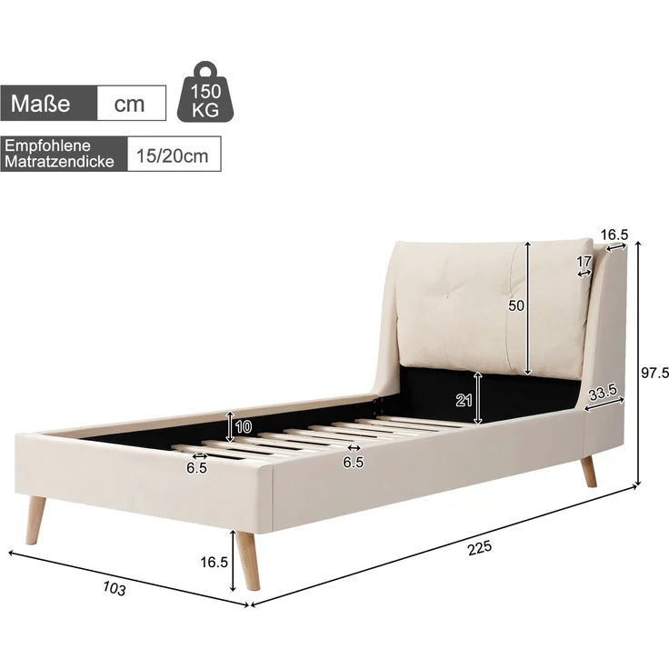 Merax Polsterbett, Einzelbett, Kinderbett 90 x 200cm, Bett mit Lattenrost und Kopfteil, Bettbeine aus Massivholz, gepolstertes Kopfteil, samt, beige – Bild 4