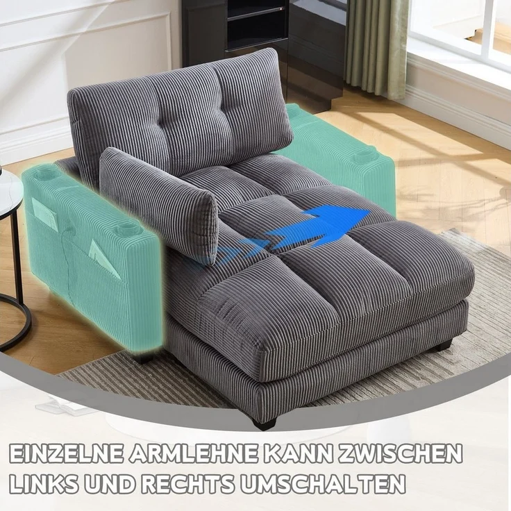 LVHOM Polsterliege Ottomane/Loungesofa/Polsterbett/Daybett/Gästebetten/Schlafsofa (USB/Typ C-Ladeanschlüssen, Seitentaschen, Getränkehalter, modularer Flexibilität Palmen Sessel, links & rechts tauschbare Armlehnen, Schlaffunktion, Platzsparend, 2-St, ... – Bild 3