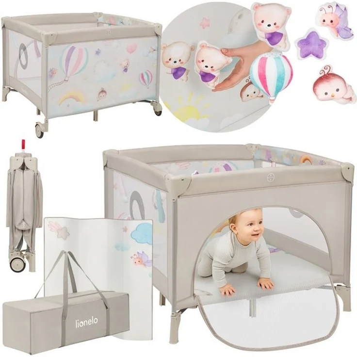 Lionelo 2-in-1 Laufstall und Reisebett mit Matratze für Babys Mille Plus bis 15 kg, 0–36 Monate, Seiteneinstieg, 3D-Matratze, 2 Rollen mit Bremse, Faltbar, Tragetasche, Graubeige – Bild 4