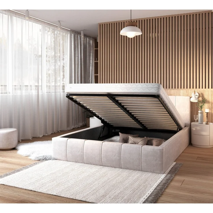 FDM Polsterbett Bettrahmen Bettgestell 90x200, 120x200, 140x200, 160x200, 180x200cm (mit hochwertigem Velour Bezug Trinity, Optional mit Matratze, mit großen gepolsterten Kopfteil), Mettelrahmen mit hydraulischer Klappfunktion für mehr Stauraum – Bild 2