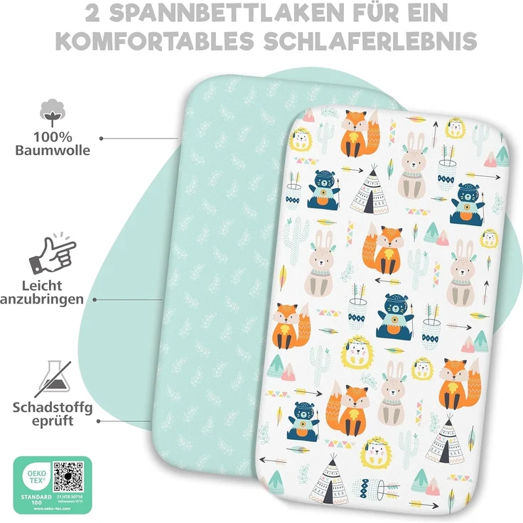2X Spannbettlaken aus 100% Baumwolle mit Gummiband - 1X Matratzenschoner aus 100% wasserdichtem Material - 3er-Set - 55x90 cm - Fuchs – Bild 3
