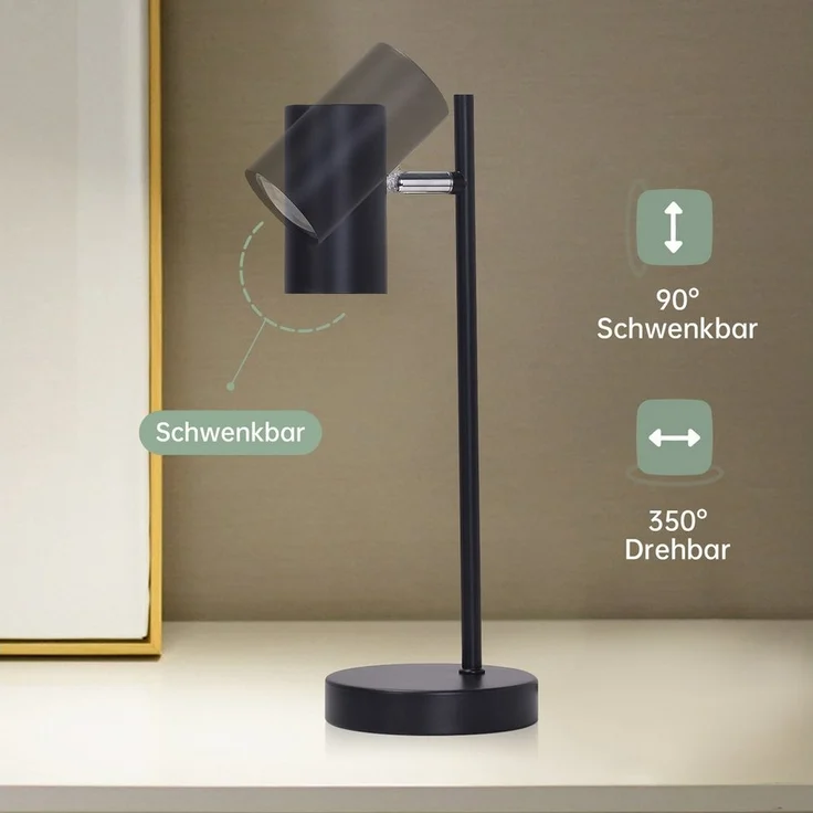 Nettlife Tischleuchte Nachttischlampe Schwarz/Weiß/Gold GU10 mit kabel Schlafzimmer, Schwenkbar 350°, LED wechselbar, Metall Schreibtischlampe Leselampe – Bild 2