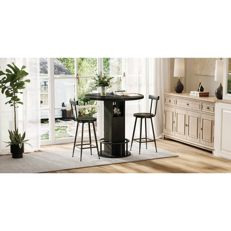 3-teiliges Bar-Tisch- und Hocker-Set 31,5-Zoll-Rundtisch mit zwei Hockern Holz-Esstisch mit ringförmiger Fußstütze aus Metall Geeignet für Esszimmer, Cafés, Bars, Wohnzimmer usw, Schwarz--Schwarz--80x80x91.5cm--YOUDENOVA – Bild 4