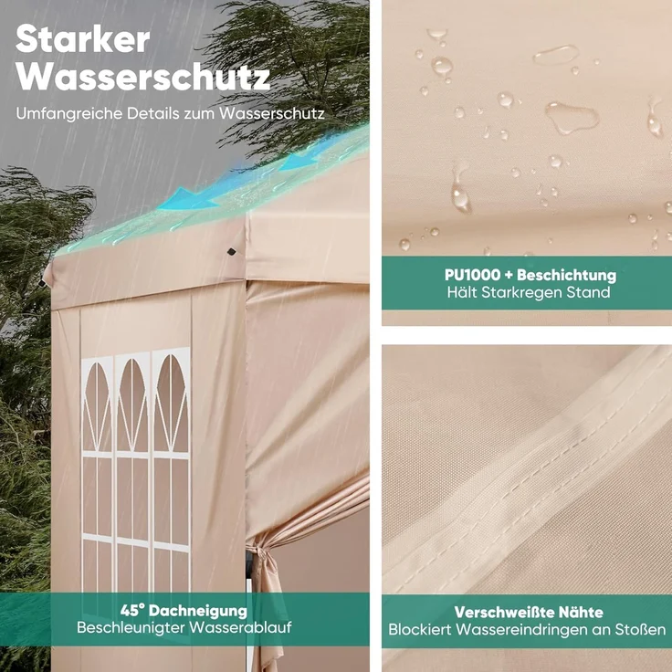 Sekey Premium Pop Up Pavillon 3x3 Wasserdicht Stabil, 3 x 3 m Pavillon mit Seitenwänden, Faltpavillon Partyzelt Faltbar für Camping Party, Höhe Verstellbar 250-270cm, (Khaki, Mit Seitenwänden) – Bild 5