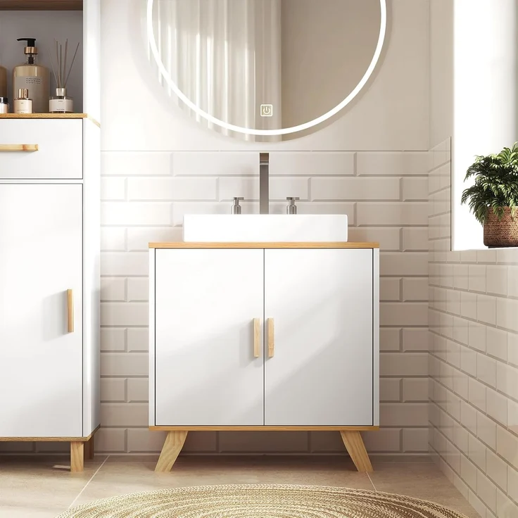 EUGAD Waschbeckenunterschrank (1-St) Badezimmerschrank mit 2 Türe Weiß – Bild 6