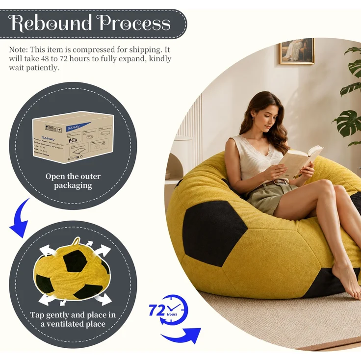 Großer, fußballförmiger Sitzsack, mehrfarbige Ziernähte, bequemes Sofa zum Entspannen im Schlafzimmer, Wohnzimmer, Leseecke, Lounge-Sessel für Erwachsene und Jugendliche – Gelb + Schwarz – 52 x 43,5 x 31,5 cm – YOUDENOVA – Bild 7