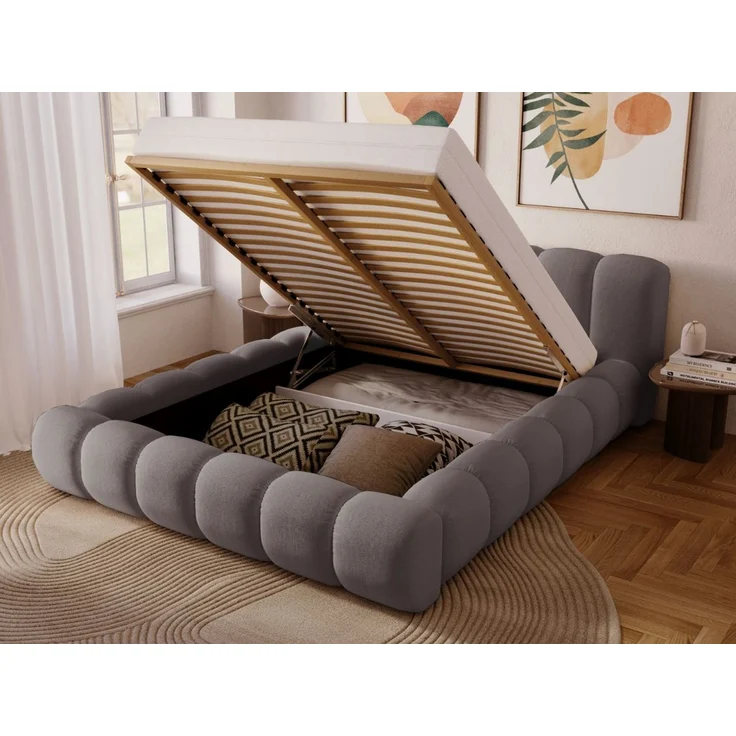 GRAINGOLD Doria Doppelbett 140x200, mit Kopfteil, Lattenrost, Bettkasten, Velour-Stoff, Grau – Bild 4