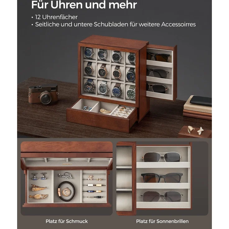 SONGMICS Uhrenbox 12 Fächer, Uhrenkasten mit Fenster, Uhren-Präsentation, Massivholzfurnier, Samtfutter, vertikale Aufbewahrung, platzsparend, Geschenkidee, kaffeebraun JOWDE014K01 – Bild 3