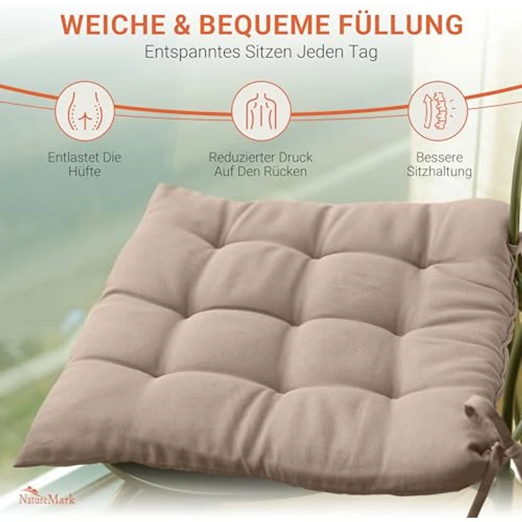 NatureMark 4er Set Stuhlkissen mit Bändern Gr. 40x40 cm Sitzkissen gefüllt, Sand/Beige – Bild 6