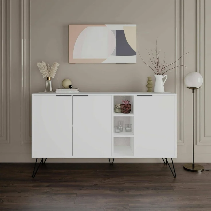 Dmora - Kommode Perseus, Wohnzimmerbuffet, Wohnzimmer-Sideboard, Moderne Küchen-Speisekammer, 142x36h83 cm, Weiß – Bild 1