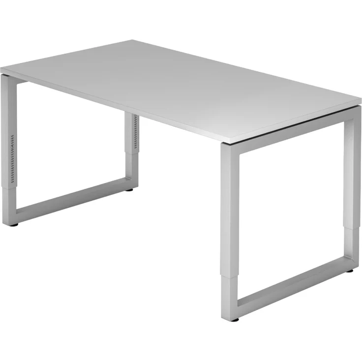 bümö höhenverstellbarer Schreibtisch R-Serie 140x80 cm in grau, Gestell in Silber - PC Tisch klein für's Büro manuell höhenverstellbar, Computertisch verstellbar, RS-14-5-S – Bild 1