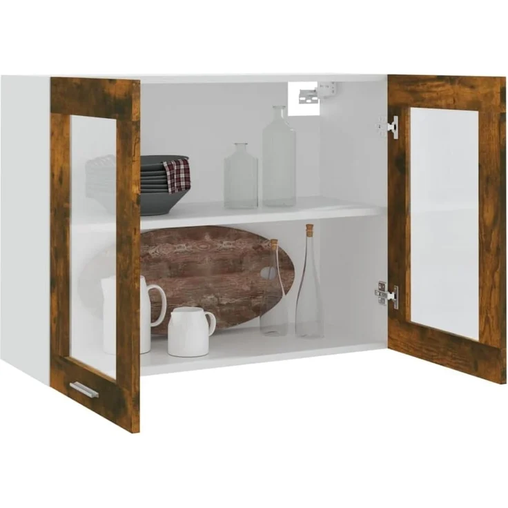 vidaXL Hängeschrank Glas, Wandschrank für Küche, Küchenschrank Wandmontage mit viel Stauraum, Schwebeschrank Schrank Küchenmöbel, Räuchereiche Holzwerkstoff – Bild 8