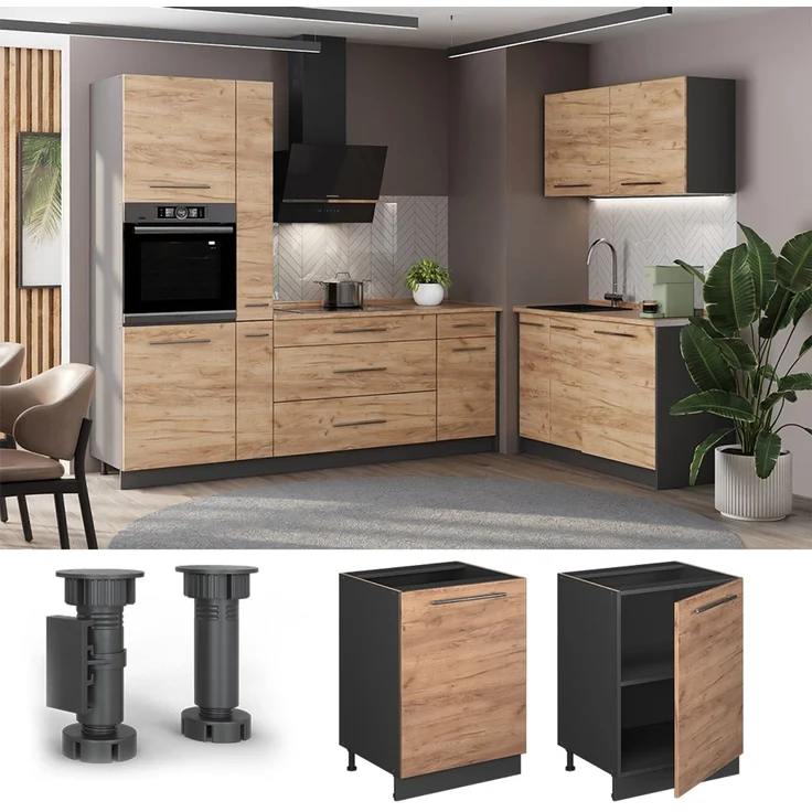 Küchenunterschrank Fame-Line Goldkraft Eiche/Anthrazit 60 cm 1 Tür mit Arbeitsplatte Vicco – Bild 4