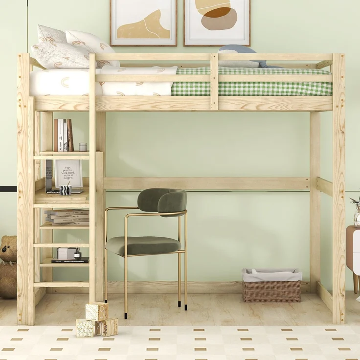 Hochbett 140x200 cm mit Schreibtisch und 4 Ablagefächern, Kinderbett Doppelbett aus massivem Kiefernholz,mit Stauraum,Natur – Bild 3