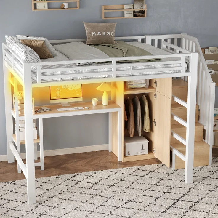 Hochbett mit RGB LED-Streifen, Schreibtisch, Treppe, Regal, Lattenrost und Kleiderschrank, 140x200 cm, Kinderbett mit Rausfallschutz, Metallbett – Bild 3