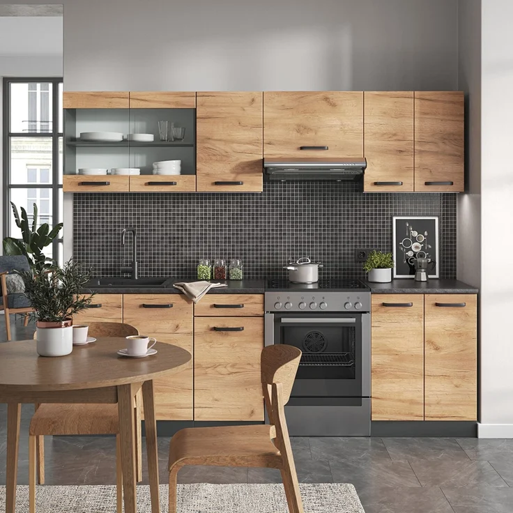 Küchenzeile Raul Goldkraft Eiche/Anthrazit 240 cm , AP Schwarz gemustert Vicco – Bild 4