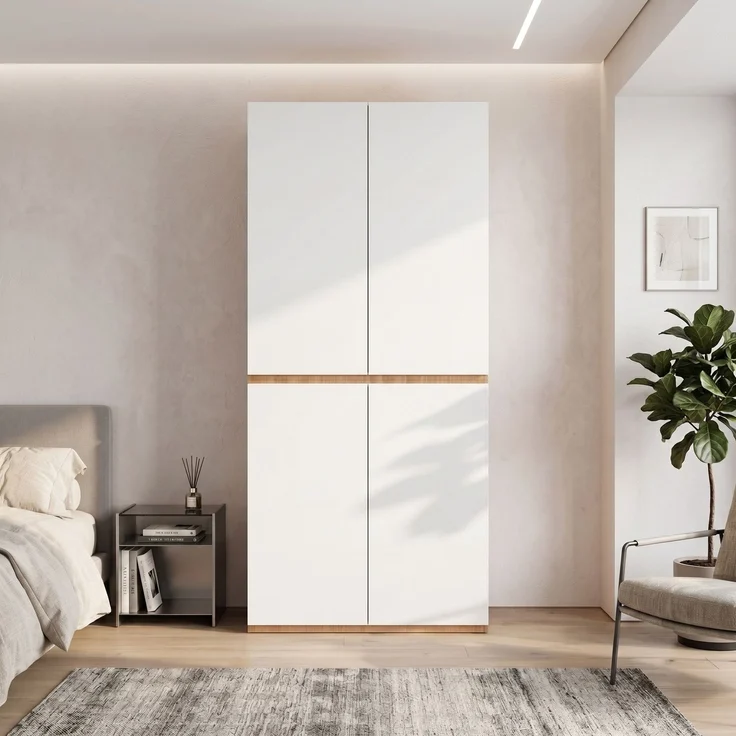 Kleiderschrank Garderobenschrank mit Schmuckschublade, 90 x 50 x 200 cm, mit 4 Türen, 1 Kleiderstange und 2 Schubladen, moderner Hochschrank für Schlafzimmer, Flur, Kinderzimmer oder Büro, Eiche/Weiß--Weiß--90x50x200cm--YOUDENOVA – Bild 1