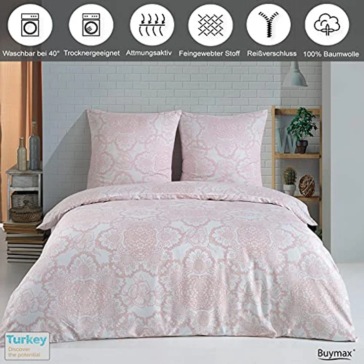 Buymax Bettwäsche Lisle, Renforcé, 3 teilig, Bettbezug-Set 200x220 cm 100% Baumwolle Reißverschluss Altrosa Weiß – Bild 3