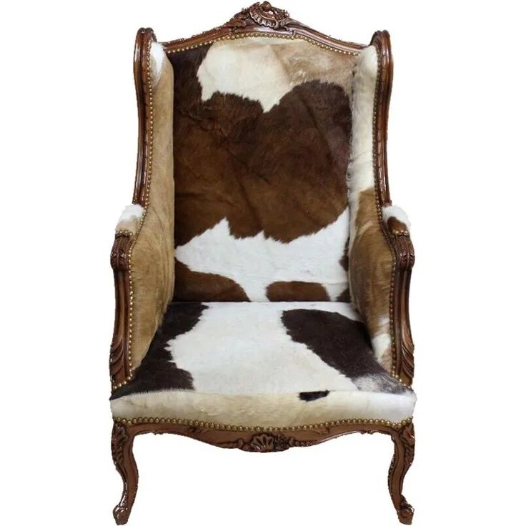Barock Lounge Thron Sessel Kuhfell Mod3 - Ohren Sessel - Ohrensessel Tron Stuhl B