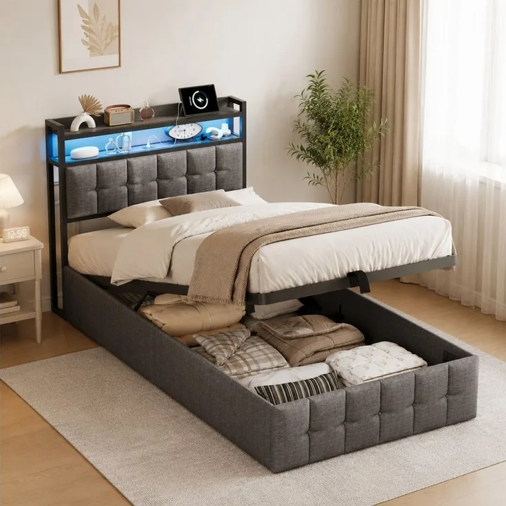 Simurq Stauraumbett Polsterbett 90x200 mit Stauraum, Einzelbett mit Gasdruckfeder (RGB LED, USB & Type-C Anschluss, Stauraum-Kopfteil), Stauraumbett, Bett mit Bettkasten, modernes Einzelbett