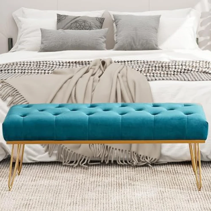 Shally Dogan Sitzbank aus Stoff, Ottomane mit hochdichter Polsterung, Mehrzweck-Eingangsbereich, ideal für Schlafzimmer, Wohnzimmer, Blau – Bild 4