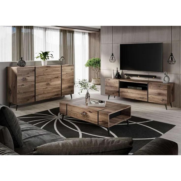 ALLHOUSE24 Wohnzimmer-Set Flagstaff Eiche LOFT Kommode Couchtisch TV Schrank Möbel-Set