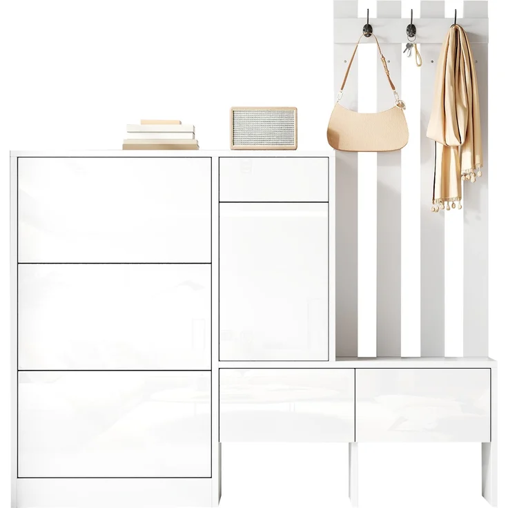 Garderobenschrank 160x35x160 cm mit Sitzbank, 3 Klappfächern und Hakenleiste, Weiß – Bild 7