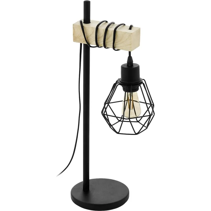 Eglo 43136 Tischleuchte TOWNSHEND 5 Stahl schwarz, Holz braun E27 1X40W L:22cm H:50cm T:15,5cm mit Kabelschalter