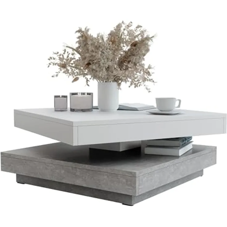 Mirjan24 Couchtisch, Quadratisch, Weiß & Hellgrau, Holzwerkstoff, 70x34x70 cm, drehbare Tischplatte, Wohnzimmertisch