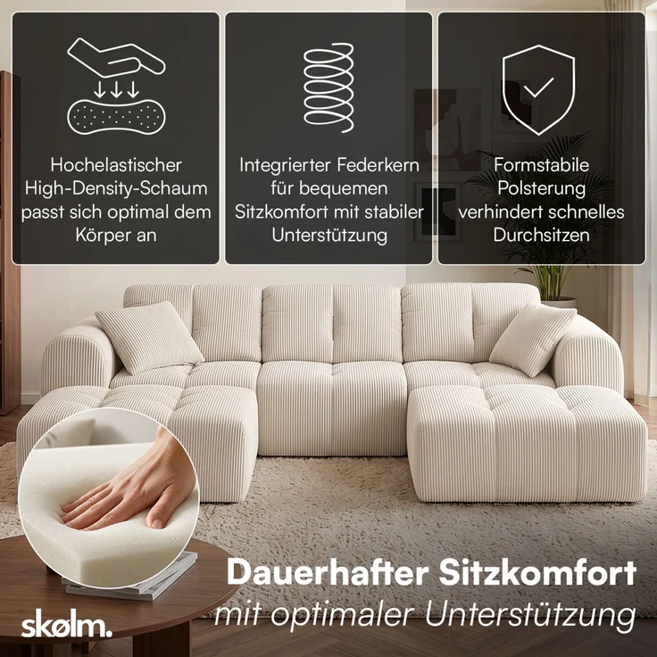skølm 'Vanaheim' Sofa 3 Sitzer mit 2 Hocker & 2 Kissen, Cloud Sofa beige, Cord, Vollschaumcouch mit Federkern und Vakuum-Kompression, kein Aufbau erforderlich – Bild 3