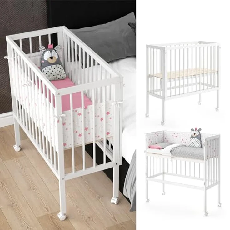 VitaliSpa Beistellbett Sophie, Weiß, 94 x 42.5 cm 2 Seitenschienen, höhenverstellbar mit Rollen und Befestigung am Elternbett – Bild 2