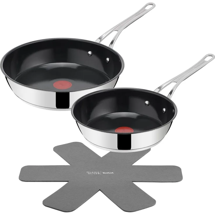 Tefal Jamie Oliver Classic Cook Pfannen-Set 24/28 cm, inkl. Pfannenschoner, antihaftbeschichtete Keramikoberfläche, Thermo-Signal, für alle Herdarten, Edelstahl, H881S355