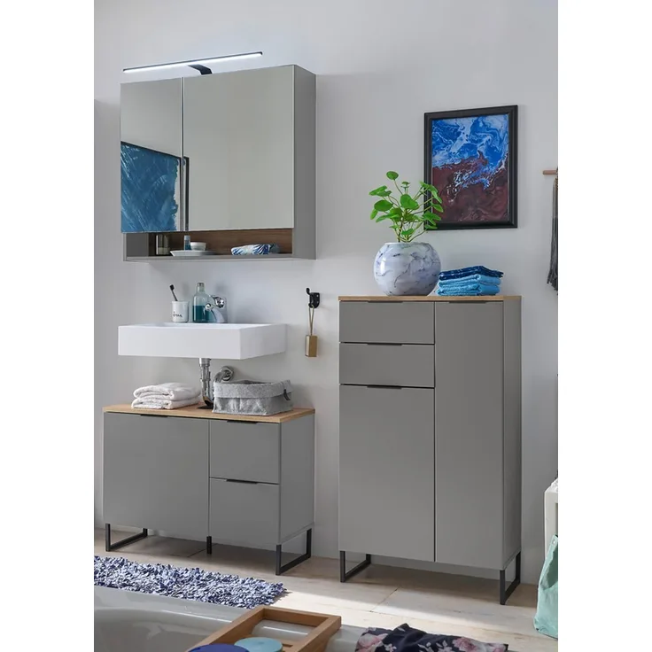 Badezimmer-Set >Denver< (3-tlg.) in grau matt / Evoke Eiche Dekor - 160x195x35 (BxHxT)