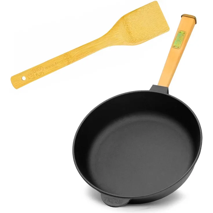 Gusseisenpfanne 28 cm Bratpfanne aus Gusseisen mit Pfannenwender Induktion Holzgriff Schmortopf Pfanne