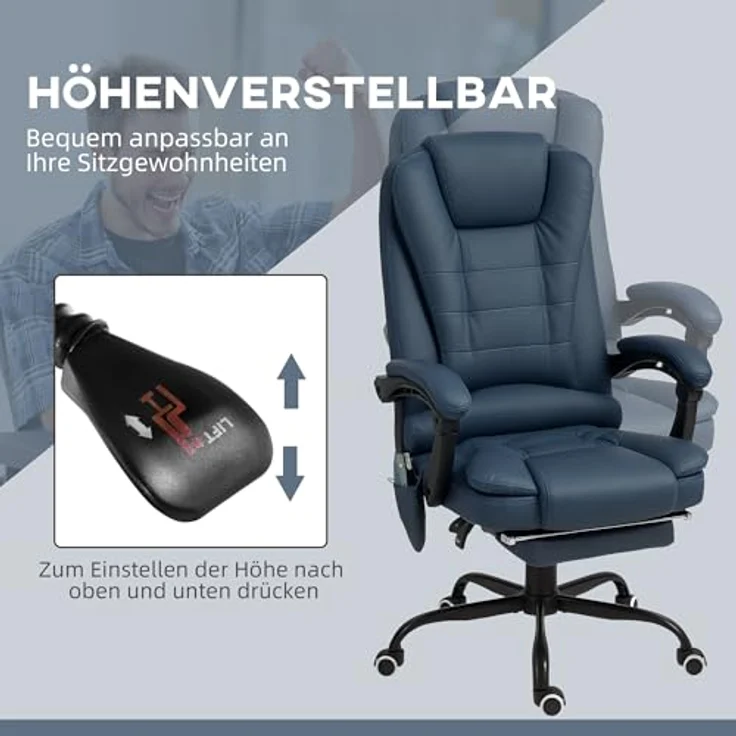 Vinsetto Bürostuhl, Drehstuhl mit 7-Punkt-Massagefunktion, verstellbarer Rückenlehne und einklappbarer Fußstütze, Blau, Kunstleder, 79x121x67 cm – Bild 6