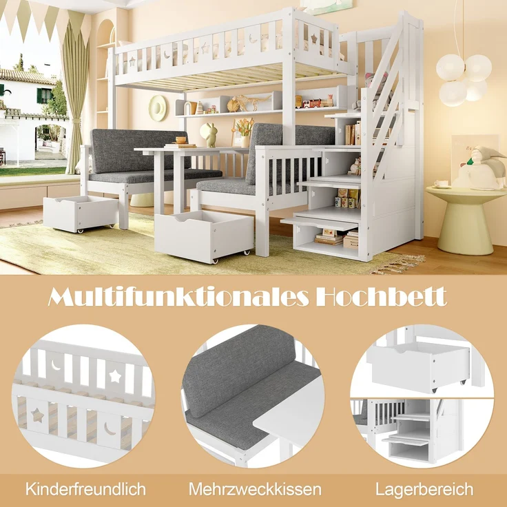 Hochbett 90x200 cm, multifunktionales Kinderbett mit integriertem Klapptisch, Stauraumleiter und gepolstertem Unterbett – Bild 6