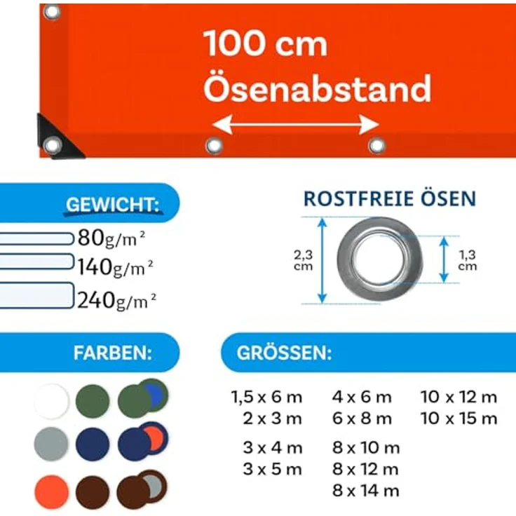 Floordirekt Abdeckplane | Gewebeplane | Schutzplane Bootsplane Zeltunterlage für Camping Garten wasserdichte Planemit Ösen Viele Qualitäten, Größen, Farben 6x10 m 60m² 140 g/m², Orange – Bild 4