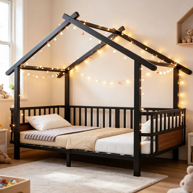 Kinderbett aus Metall in Hausform, 90 x 200 cm, mit Sicherheitsgitter, Dachdesign und dekorativem Rahmen, für Jungen und Mädchen, Schwarz – Bild 3