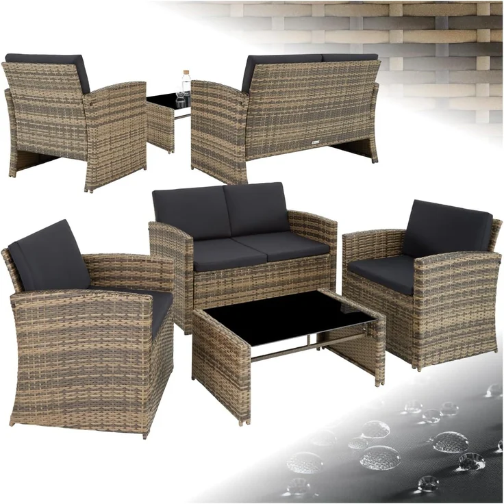 tectake Lounge Gartenmöbel Set Poly Rattan für den Garten, Möbel für den Balkon, 12-teilige Garten Lounge (wetterfest), Essgruppe mit Outdoor Sofa, Sessel und Tisch für 4 Personen (Natur/Dunkelgrau) – Bild 1
