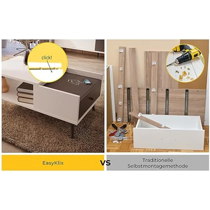 Forte HARLLSON, einfache Montage Dank EasyKlix by Couchtisch Weiß mit Uni Wolfram Grau, Wohnzimmertisch mit Schublade, skandinavischer Stil, Retro, 106 cm breit x 45 cm hoch x 60 cm tief – Bild 9