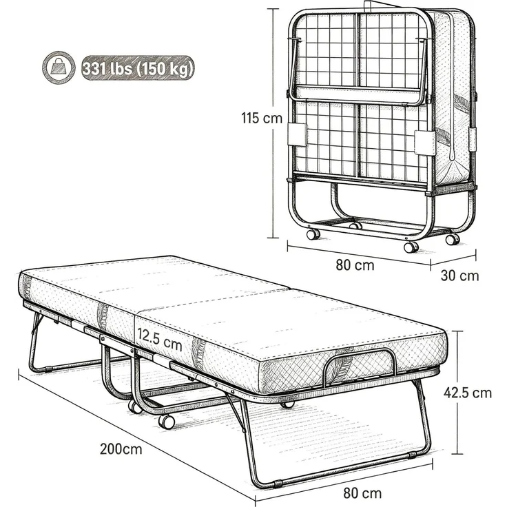 Klappbett 200x80x42,5 cm mit Matratze, Stahlrahmen und Rollen – Gästebett in Schwarz – Bild 3