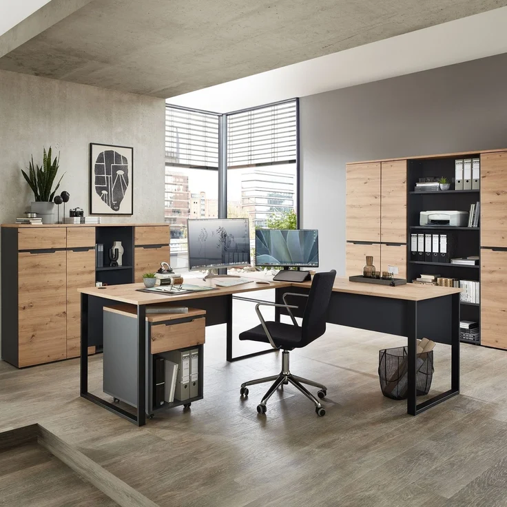 Eckschreibtisch >Memphis< in Artisan Eiche Dekor / schwarz - 223x77x170 (BxHxT) – Bild 7