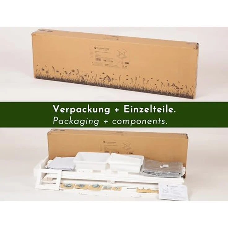 WONDERMAKE Sandkasten Holz mit Abdeckung, 2x Matschküche, 113x113 cm, quadratisch, weiß silber, wasserdicht, inkl. Boden-Vlies – Bild 8